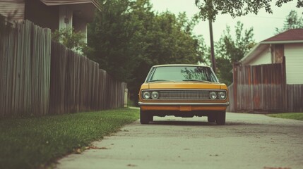Obraz premium Yellow classic car parked on residential street (1)