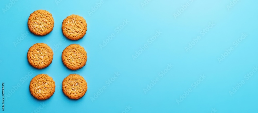 Poster round gingerbread cookies arranged on a blue background with ample empty space for customization or 