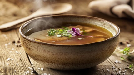 adaptogenic broth in a delicate ceramic bowl, its deep amber hue reflecting the richness of reishi mushrooms, ashwagandha, and astragalus.