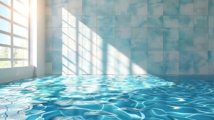 Bright, serene indoor pool with sunlight streaming through large windows, reflecting on water