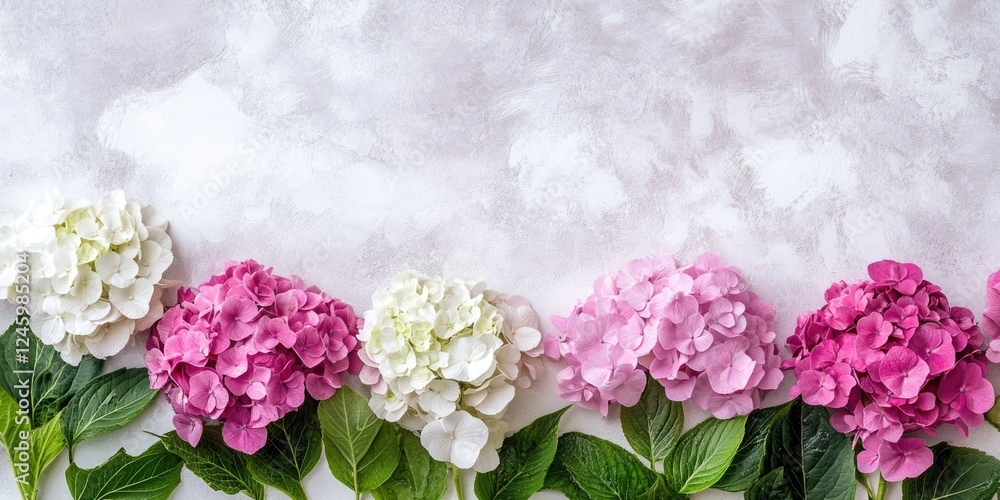 Poster elegant hydrangeas in pink and white with dew drops arranged horizontally on a soft background perfe