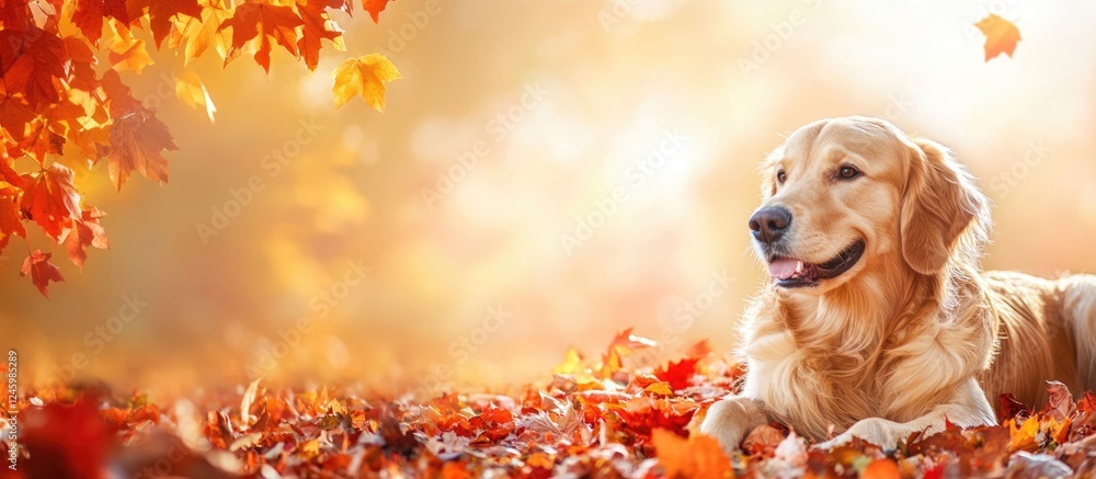 Poster Golden retriever resting among autumn leaves in a serene park setting with warm colors and ample space for adding text or graphics