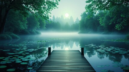 Serene moonlit lake scene at night with a small wooden dock, surrounded by lush trees and fog. Perfect for fantasy, fairytale, or peaceful nature themes
