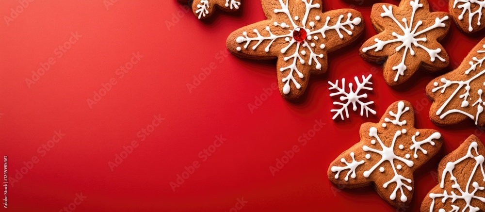 Poster gingerbread cookies in festive shapes on red background with snowflake decorations perfect for chris