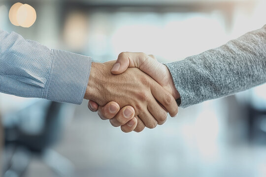 Two individuals shaking hands in a modern office setting demonstrating professional agreement and collaboration between colleagues or business partners