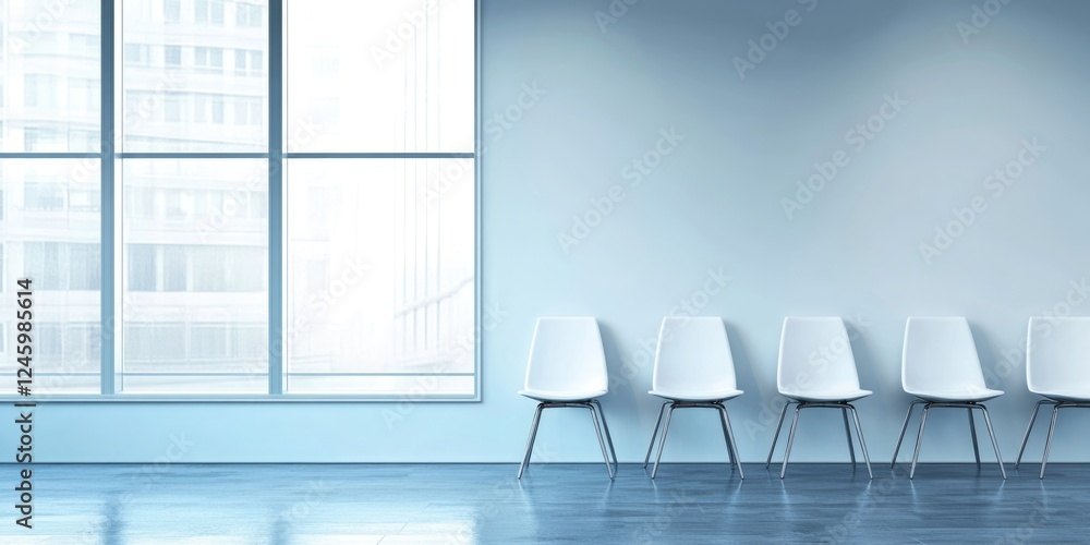 Poster modern empty office waiting room featuring white chairs and large window with ample copy space for t