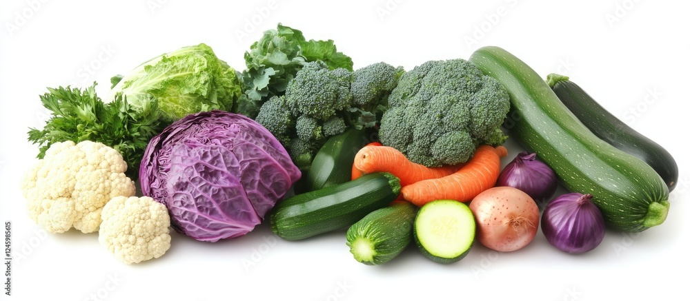 Poster colorful array of fresh raw vegetables including zucchini broccoli and red cabbage arranged on a whi