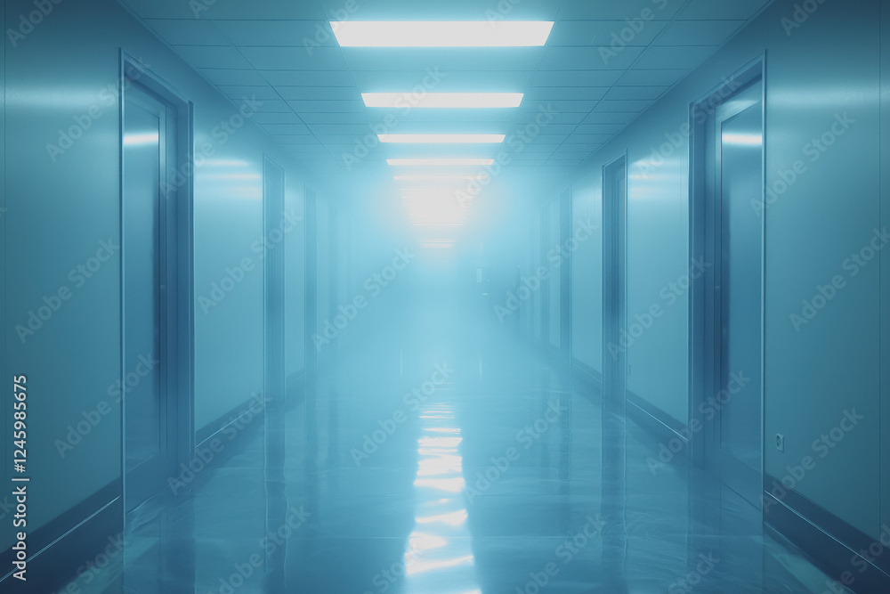 Poster long hallway with blue walls leading to a bright light at the end creating a sense of depth and pers