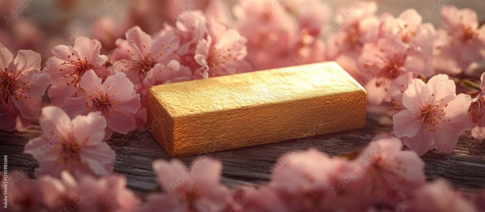 Poster golden rectangular block surrounded by delicate pink flowers on a rustic wooden surface creating a s