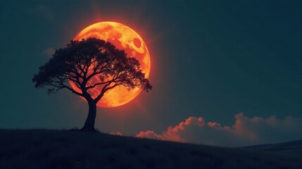 Obraz premium Serene Nightscape Solitary Tree Silhouetted Against a Fiery Celestial Orb and a Serene, Cloud-Kissed Horizon
