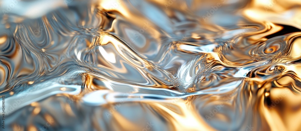 Poster shimmering metallic abstract texture with silver and gold hues creating a fluid, reflective design f