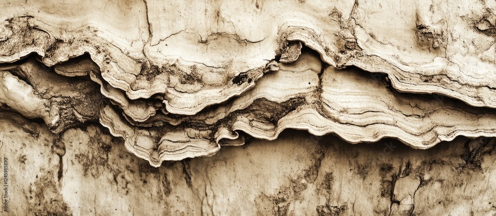 Poster fungi growth on weathered tree bark in sepia tone with shallow depth of field highlighting intricate
