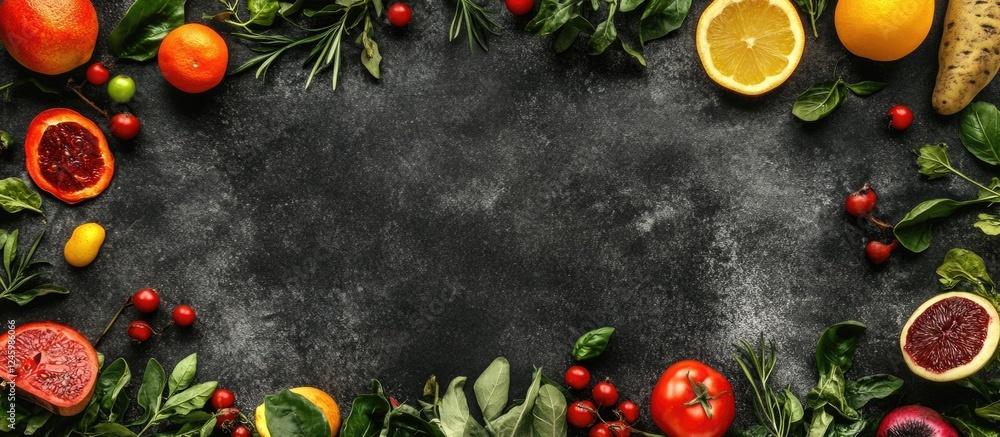 Aufkleber colorful assortment of fresh fruits and vegetables in flat lay arrangement with empty space for text