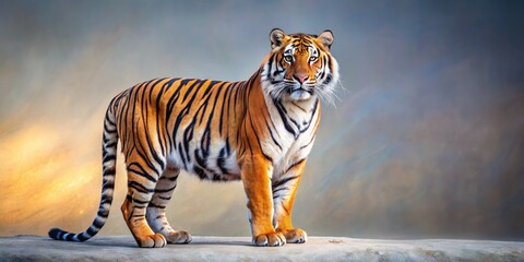 Obraz premium A majestic Bengal tiger, powerful predator, captured in stunning wildlife photography. A royal beauty, striking stripes, wild cat portrait.