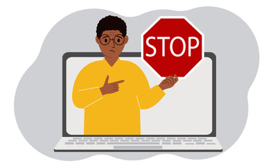 A man holding a red stop sign in a laptop screen. Virus, attack, error, account or page deletion. Vector flat illustration