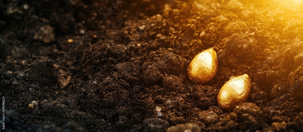 Poster golden seed sprouting in rich soil illuminated by sunlight with ample space for text and design elem