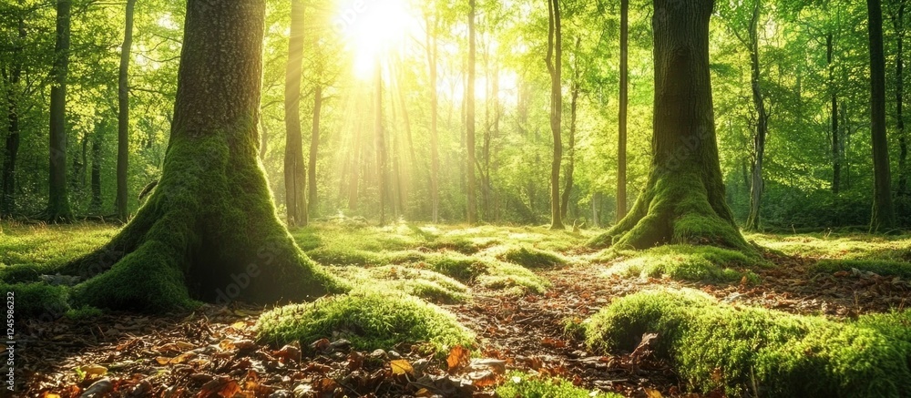 Poster lush forest scene with sun rays illuminating moss-covered trees and ground, creating a serene and tr