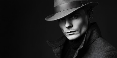 Stylish man in a hat and coat black and white portrait with ample empty space for customizable text content