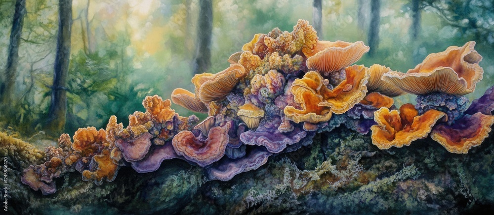 Poster vibrant fungus growing on a tree log in a lush forest setting with soft natural light