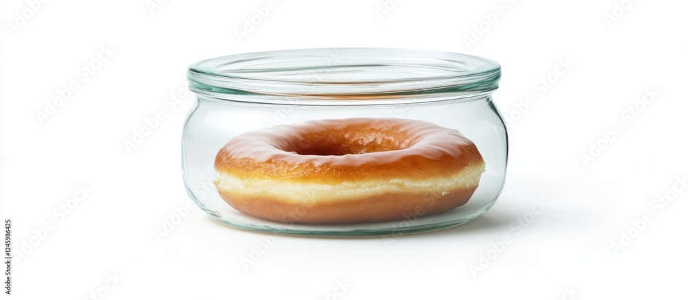 Poster glazed donut displayed in a glass jar against a white background with ample space for adding text or
