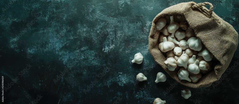 Poster fresh garlic bulbs in rustic canvas bag on dark background with scattered cloves creating agricultur