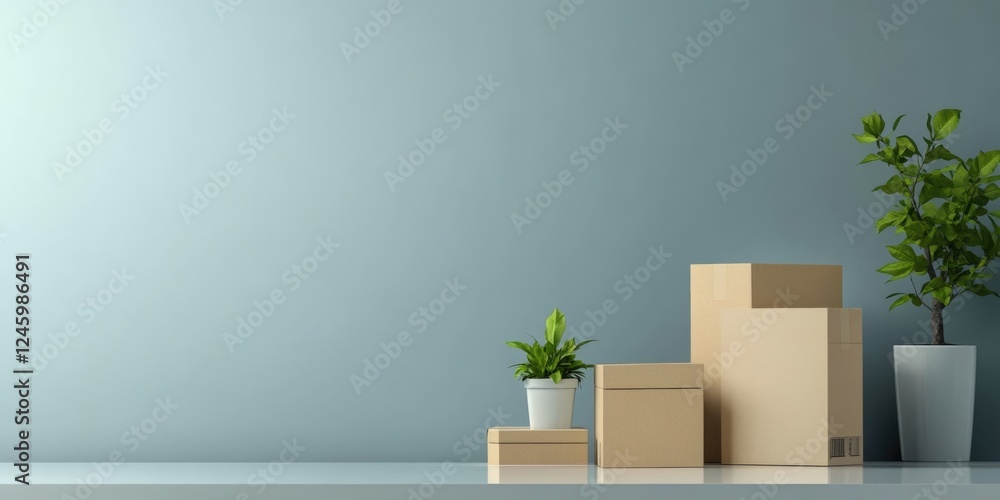 Poster modern packaging design with empty space for text and potted plants on shelf against minimalist back