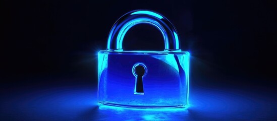 Glowing blue digital padlock symbolizing data security and encryption on a dark network background with space for customization.