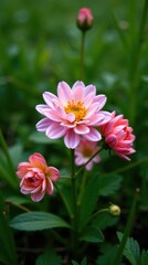 Delicate Pink Blooms in Lush Green Foliage A Close-Up View of a Garden Flower Display