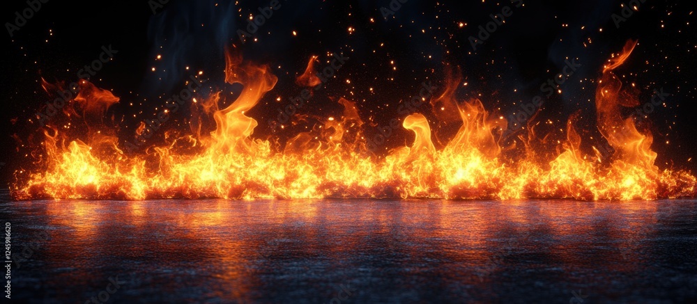 Poster dynamic fire set against a dark background showcasing vibrant flames and glowing embers for creative