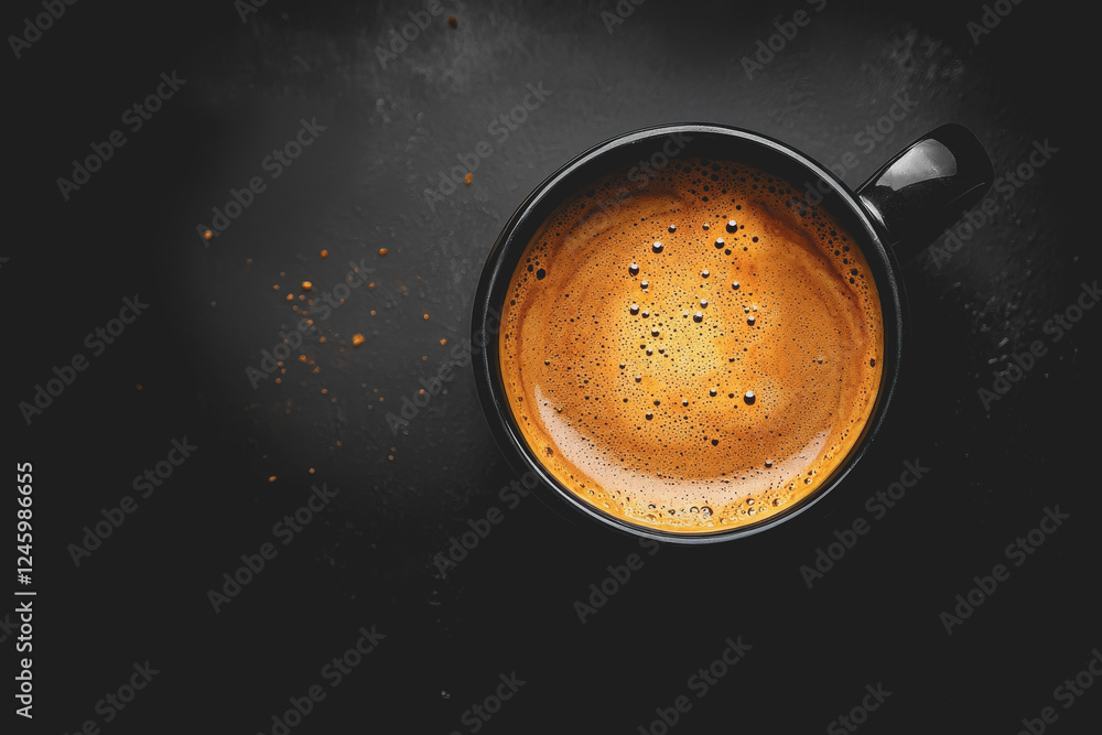 Poster a cup of coffee placed on a black background showcasing the rich color and texture of the beverage i