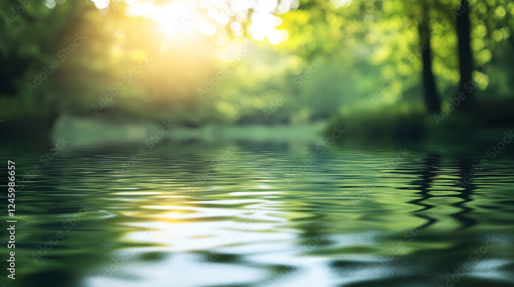 Poster blurred background of water and green trees with sunlight reflection, a nature-inspired blurred back