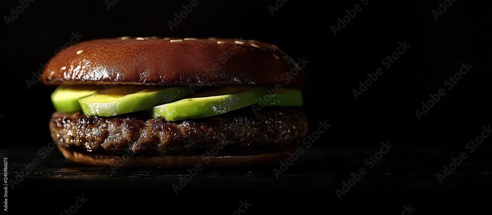 Poster gourmet burger featuring avocado slices with dark background and empty space for customized text pla