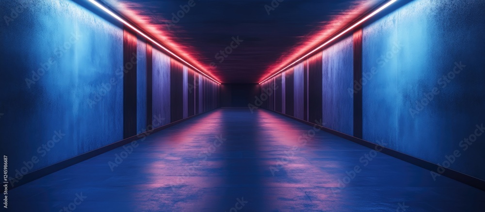 Poster empty underground tunnel with illuminated walls in blue and red light abstract perspective for text 