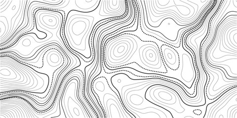 The stylized height of the topographic map contour in lines and contours. Black on gray. The concept of a conditional geography scheme and the terrain path. Wide Size. Vector illustration.
