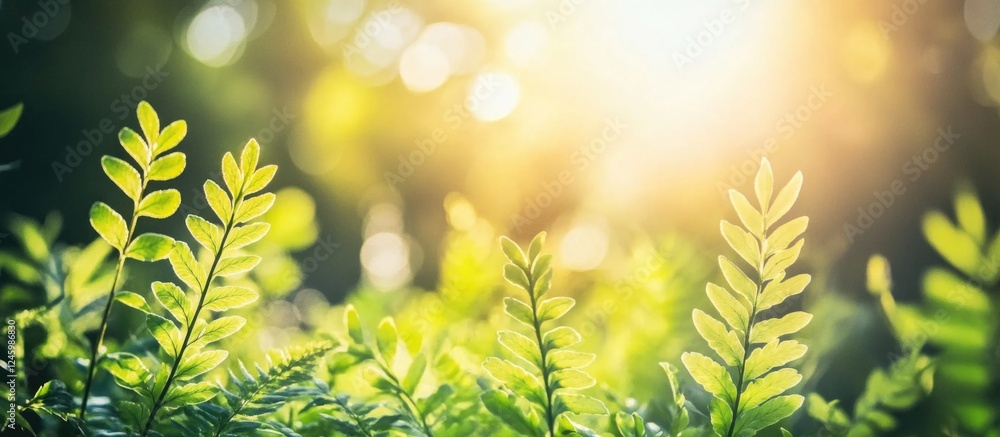 Poster sunlit fern leaves creating a natural background with young green ferns and soft bokeh effects in vi