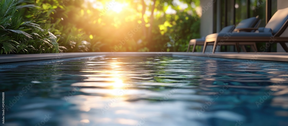 Poster serene pool scene with sunlight reflecting on water creating a calming atmosphere for design and rel