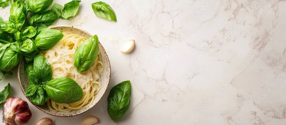Poster fresh spaghetti garnished with basil and garlic on marble surface with empty space for customizable 