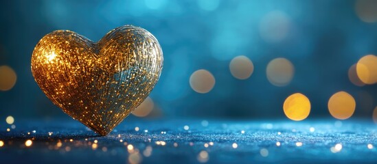 Golden sparkling heart on a blue background with bokeh lights and empty space ideal for romantic or celebratory text and messages