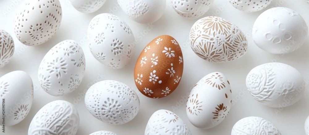 Poster easter eggs pattern featuring white decorative eggs and a unique brown egg on a white background wit