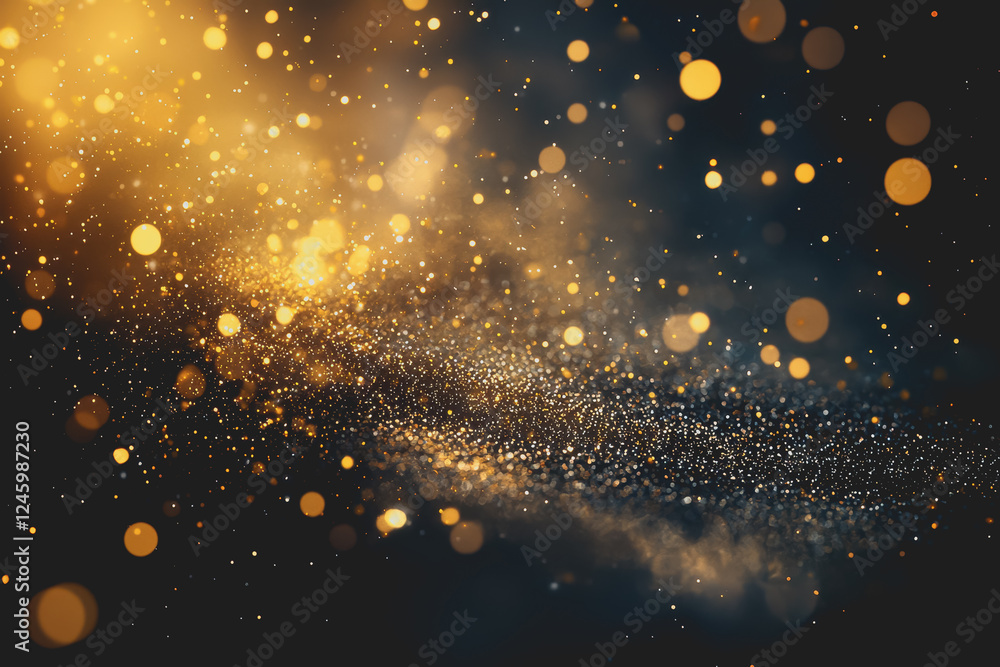 Poster blur of gold glitter particles shimmering on a solid black background creating a sparkling and elega