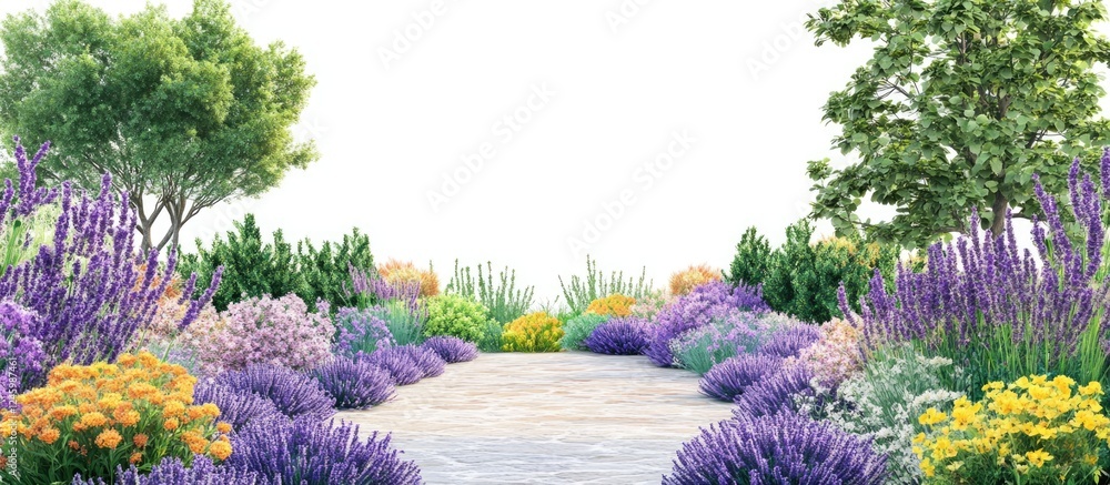 Poster vibrant garden scene with lavender blooms and lush trees featuring ample empty space for text or des