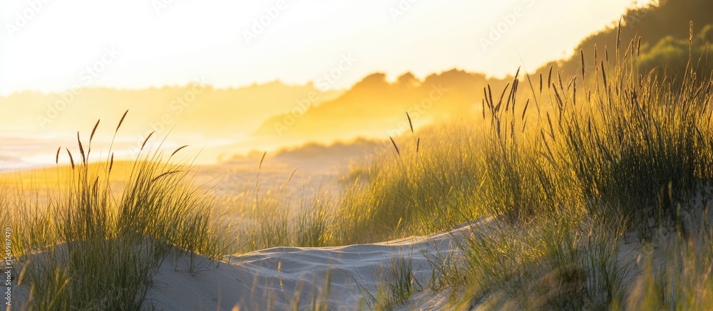 Poster golden hour over serene sand dunes with soft grasses offering ample empty space for text ideal for n