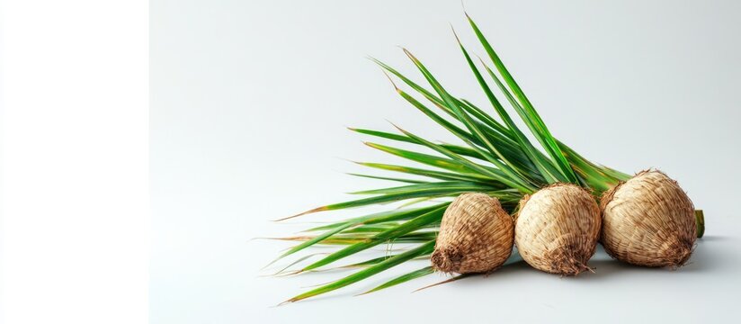 Fresh Areca Catechu Nuts with Green Leaves on Light Background Ideal for Text Insertion or Advertising Purposes