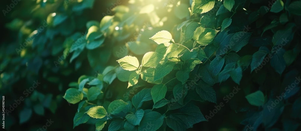 Canvas Prints glowing fresh green leaves illuminated by sunlight with space for text and messages in a natural set