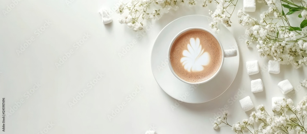 Poster fresh coffee in a white cup surrounded by flowers and marshmallows on a light table with empty space