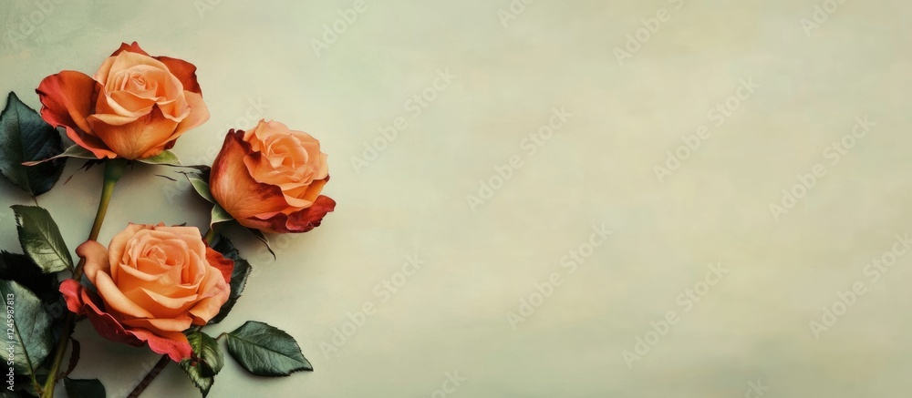 Poster elegant composition of orange roses on soft background with empty space for text suitable for invita