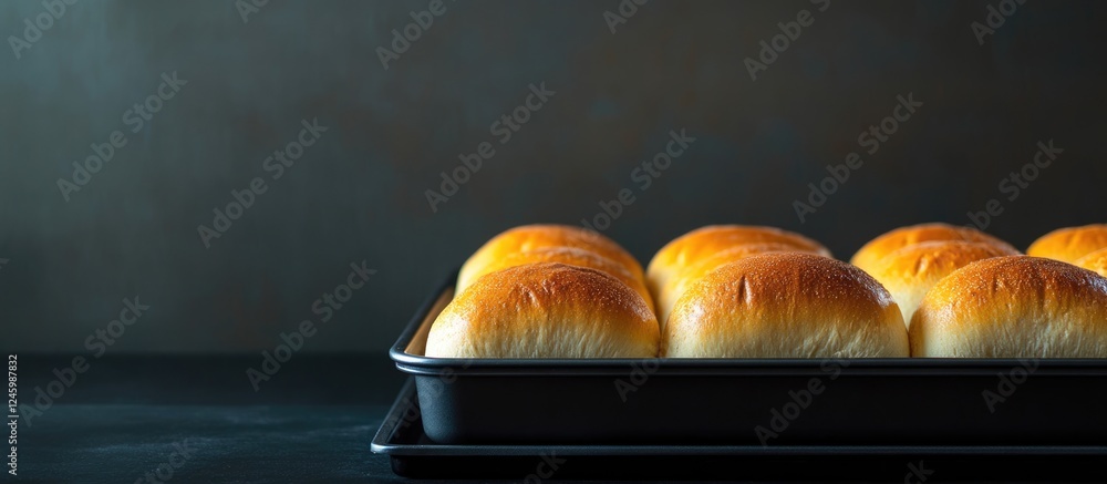 Poster freshly baked bread loaves in a pan on a dark shelf with empty space for text showcasing flour produ