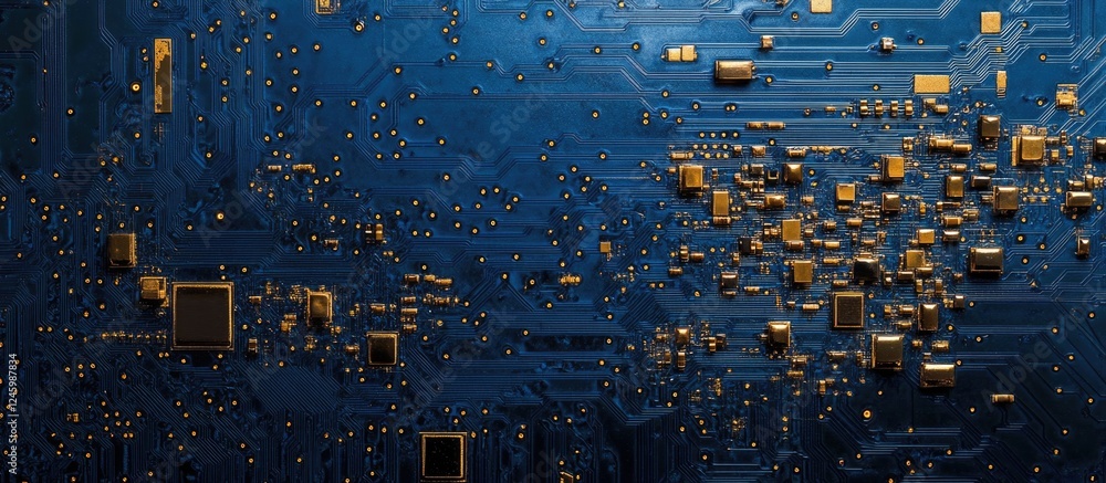 Poster gold and blue cryptocurrency symbols on a circuit board with ample space for text and branding in a 