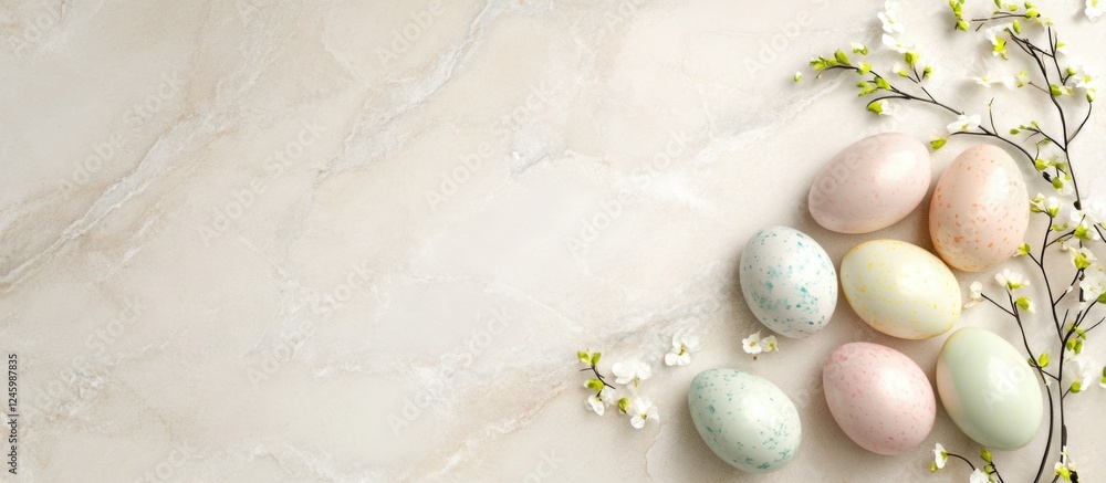 Aufkleber easter eggs on a marble background with greenery and space for text in a top view composition celebr