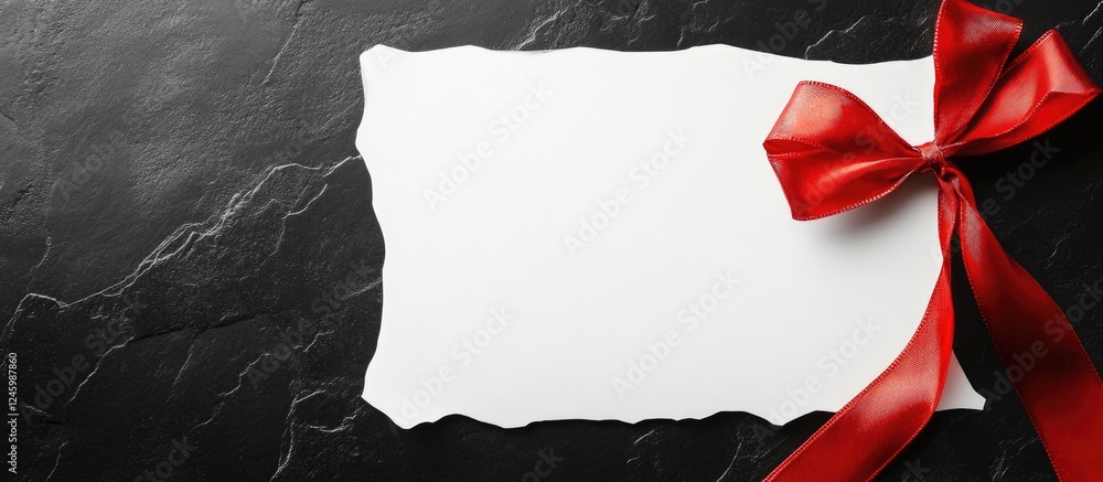 Poster elegant gift wrapped in white paper adorned with a red ribbon and an empty space for personalized te